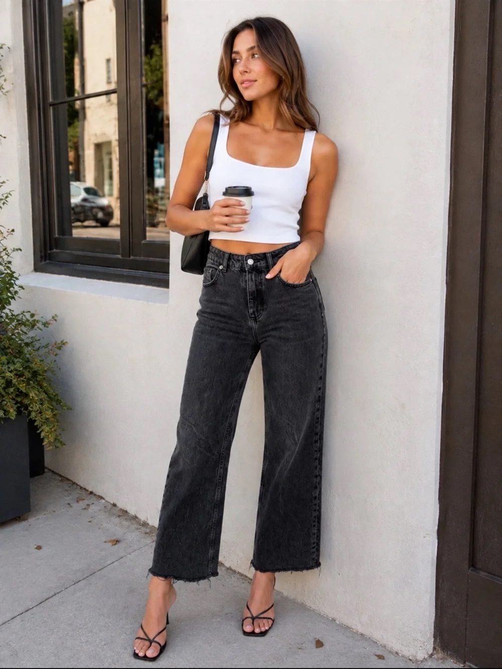 Zara High-Waist Wide Leg Jeans in Washed Black